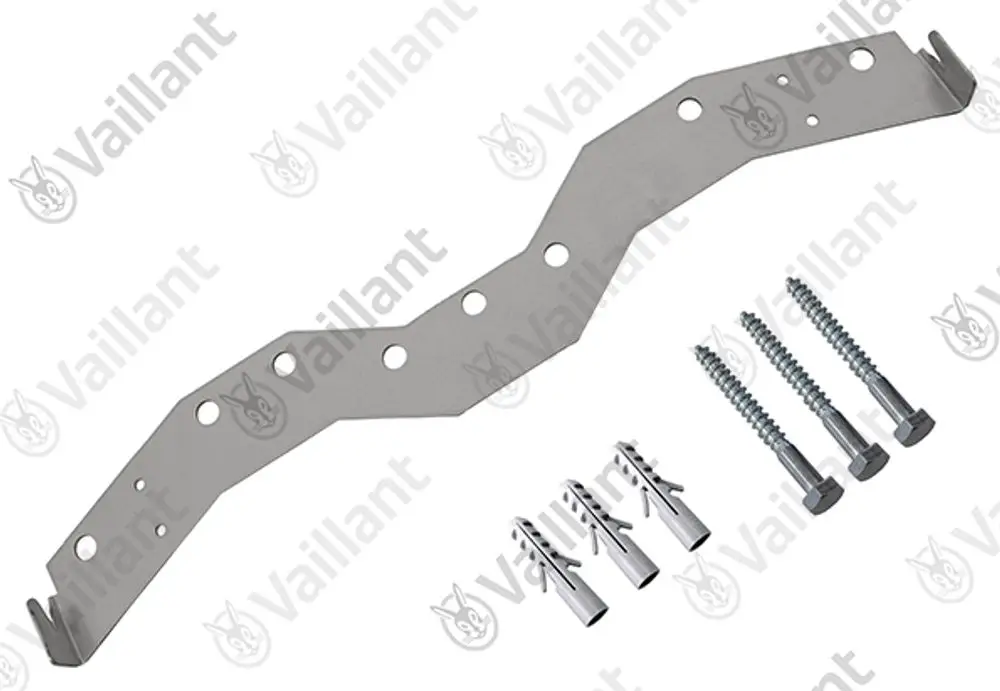 Metallhalterung von Vaillant mit Befestigungsschrauben und Dübel, geeignet zur Geräteaufhängung. Enthält mehrere Löcher zur Montage.